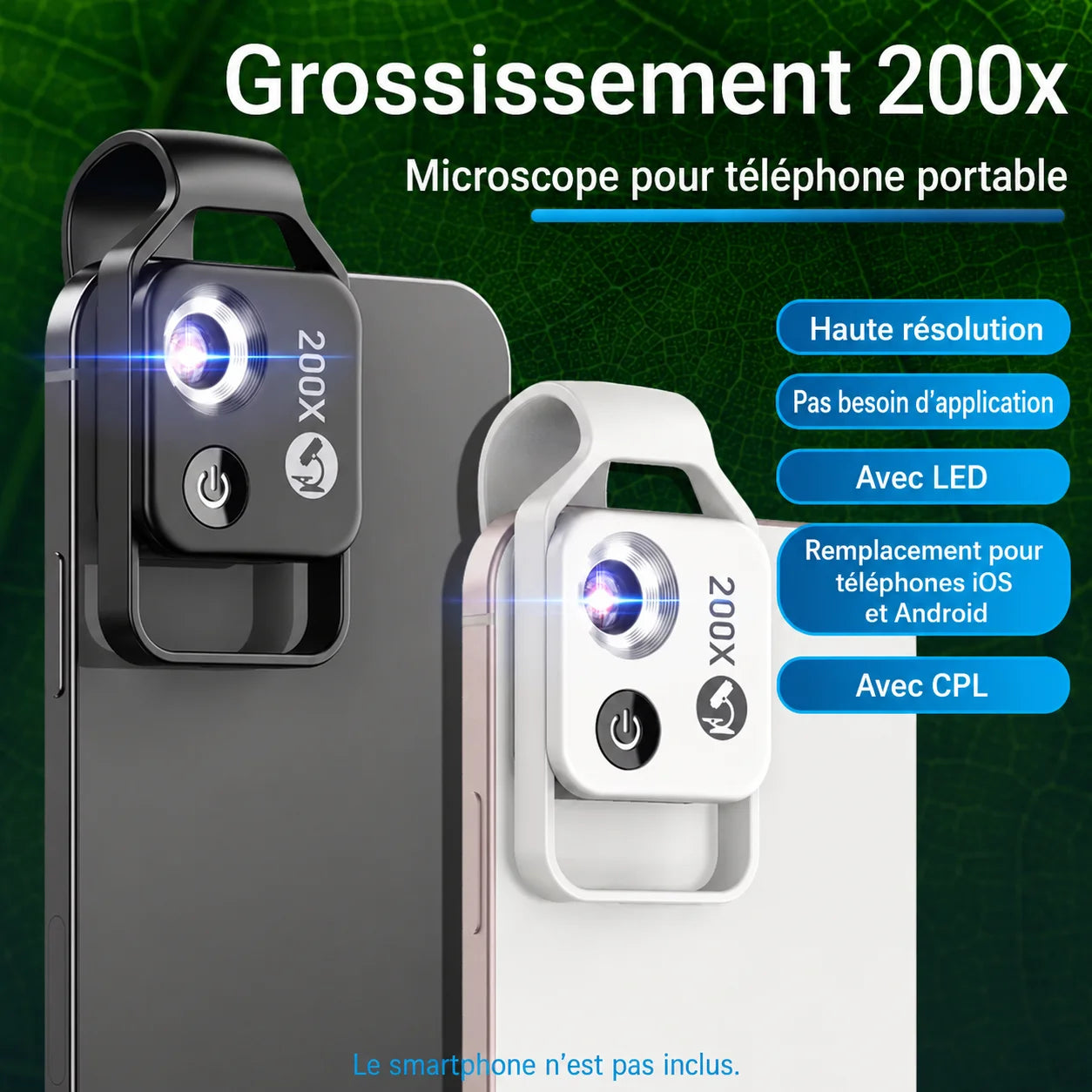 Microscope MacroVio ×200 clipsé sur un smartphone